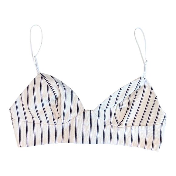 Adam Lippes Size 0 Beige Striped Denim Bralette Top V-neck 100% Cotton FLAWED - Picture 1 of 10